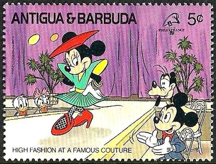 z vendido Antigua & Barbuda 1989 Scott 1211 Sello ** Walt Disney Michey Fashion Alta Costura Paris 5c Philexfrance 
